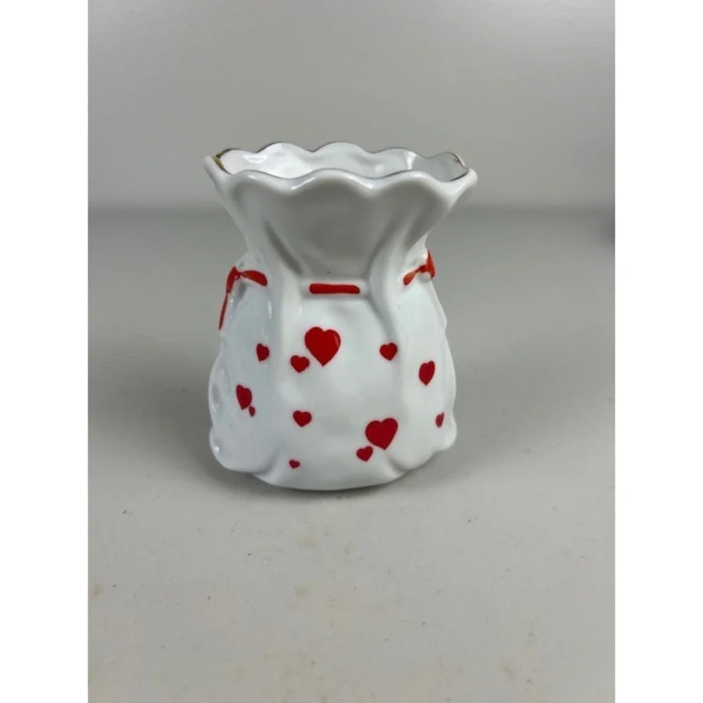 Lefton China Vintage Heart Drawstring Bag Porcelain Vase Hand Painted Japan